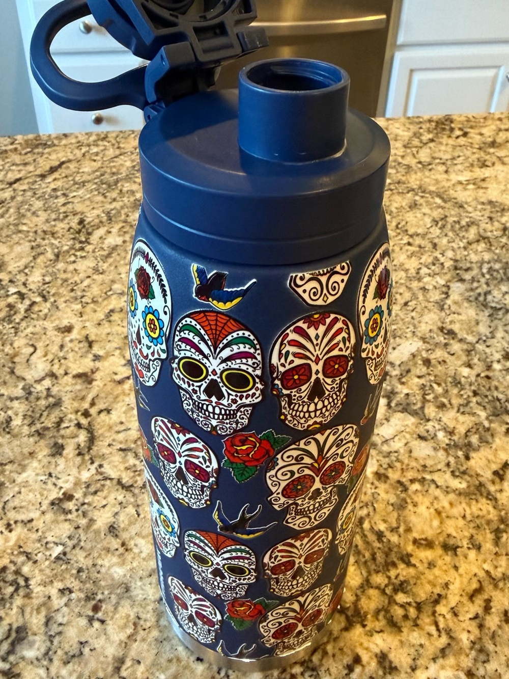 Navy Insulated Water Bottle with Colorful Sugar Skull Design - Picture 2 of 4